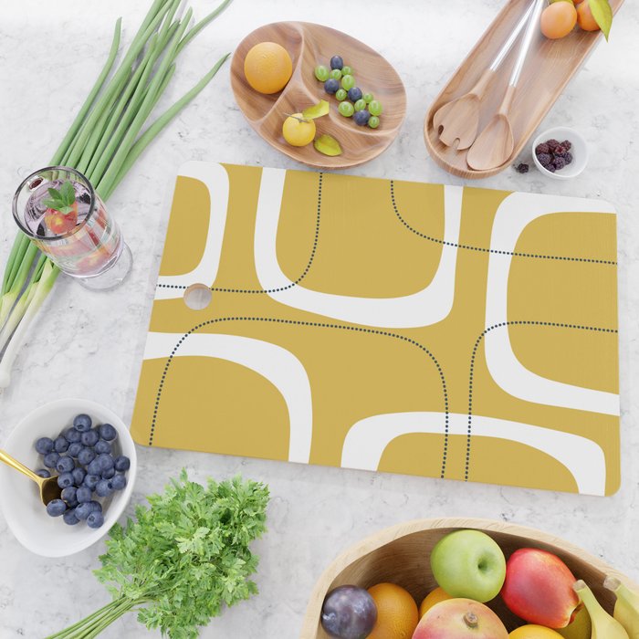 Retro Loops and Dots Midcentury Modern Pattern in Light Mustard, White, and Navy Blue Cutting Board Gallery Image 2