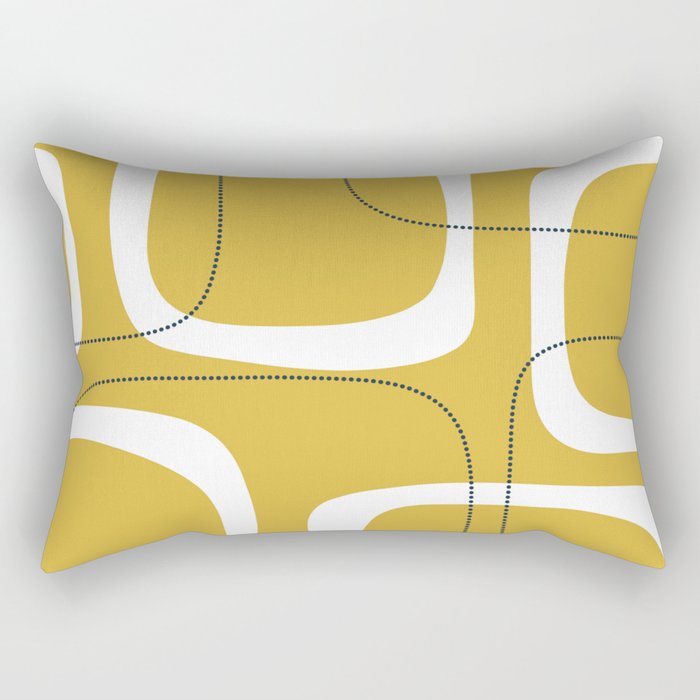 Retro Loops and Dots Midcentury Modern Pattern in Light Mustard, White, and Navy Blue Rectangular Pillow Gallery Image 1