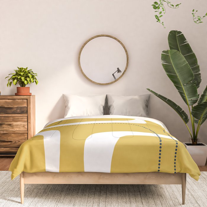 Retro Loops and Dots Midcentury Modern Pattern in Light Mustard, White, and Navy Blue Comforter Gallery Image 3