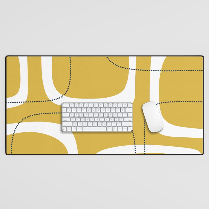 Retro Loops and Dots Midcentury Modern Pattern in Light Mustard, White, and Navy Blue Desk Mat Gallery Image 1