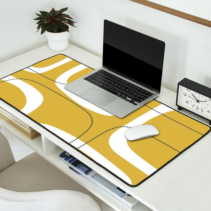 Retro Loops and Dots Midcentury Modern Pattern in Light Mustard, White, and Navy Blue Desk Mat Gallery Image 2