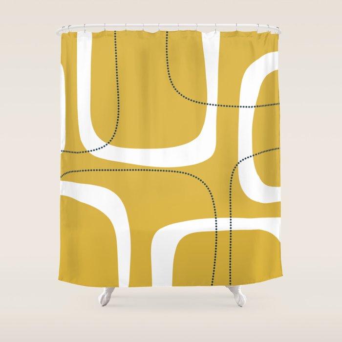 Retro Loops and Dots Midcentury Modern Pattern in Light Mustard, White, and Navy Blue Shower Curtain Gallery Image 1