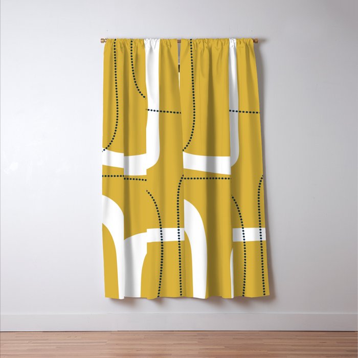 Retro Loops and Dots Midcentury Modern Pattern in Light Mustard, White, and Navy Blue Window Curtain Gallery Image 3