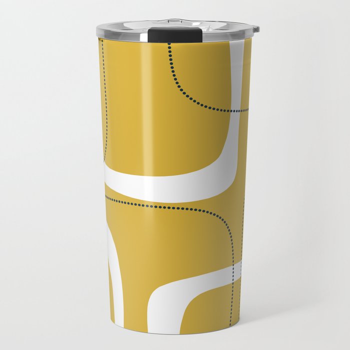 Retro Loops and Dots Midcentury Modern Pattern in Light Mustard, White, and Navy Blue Travel Mug Gallery Image 1