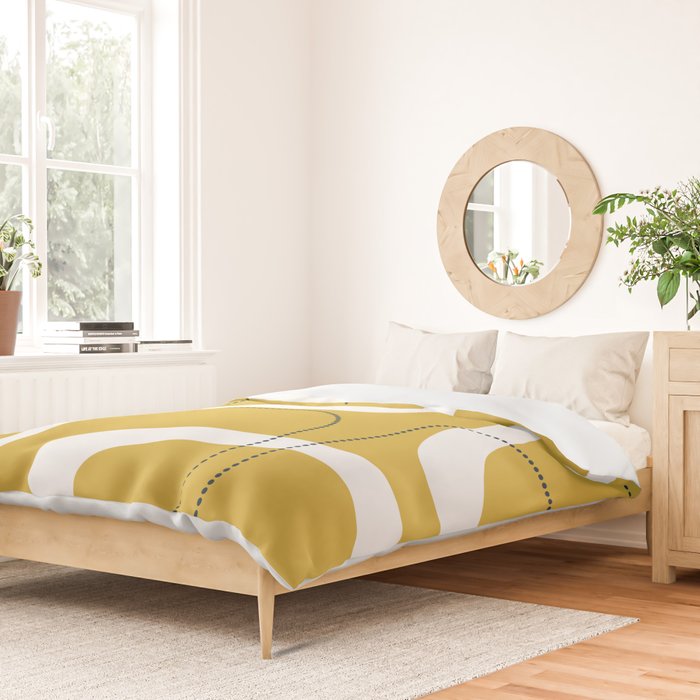 Retro Loops and Dots Midcentury Modern Pattern in Light Mustard, White, and Navy Blue Duvet Cover Gallery Image 2