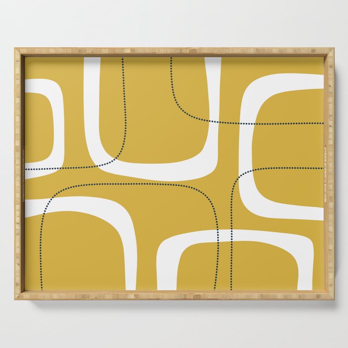 Retro Loops and Dots Midcentury Modern Pattern in Light Mustard, White, and Navy Blue Serving Tray Gallery Image 1