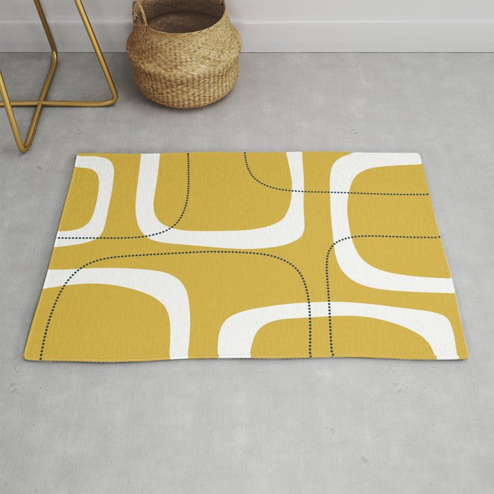 Retro Loops and Dots Midcentury Modern Pattern in Light Mustard, White, and Navy Blue Rug Gallery Image 1