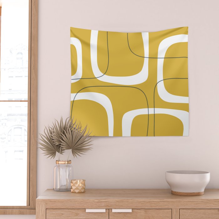 Retro Loops and Dots Midcentury Modern Pattern in Light Mustard, White, and Navy Blue Wall Tapestry Gallery Image 2