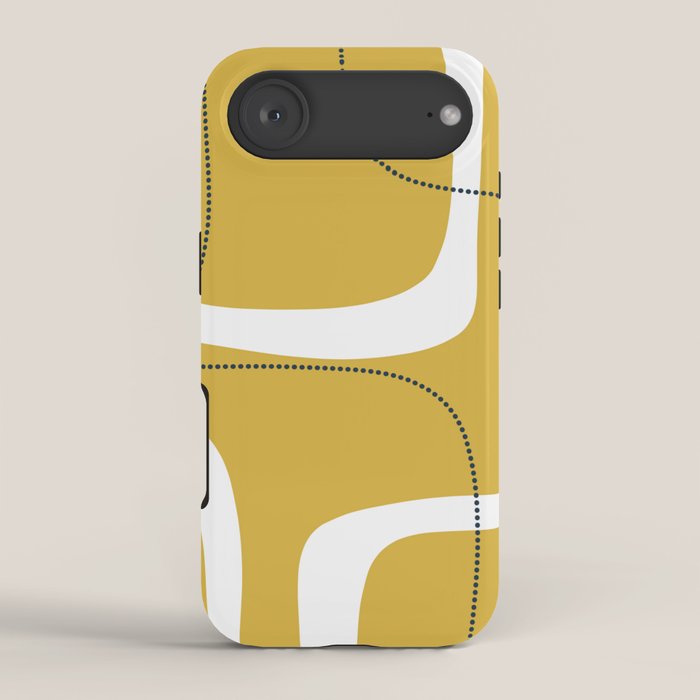 Retro Loops and Dots Midcentury Modern Pattern in Light Mustard, White, and Navy Blue iPhone Case Gallery Image 2