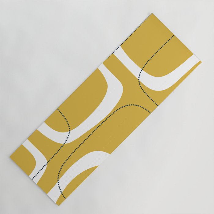 Retro Loops and Dots Midcentury Modern Pattern in Light Mustard, White, and Navy Blue Yoga Mat Gallery Image 1