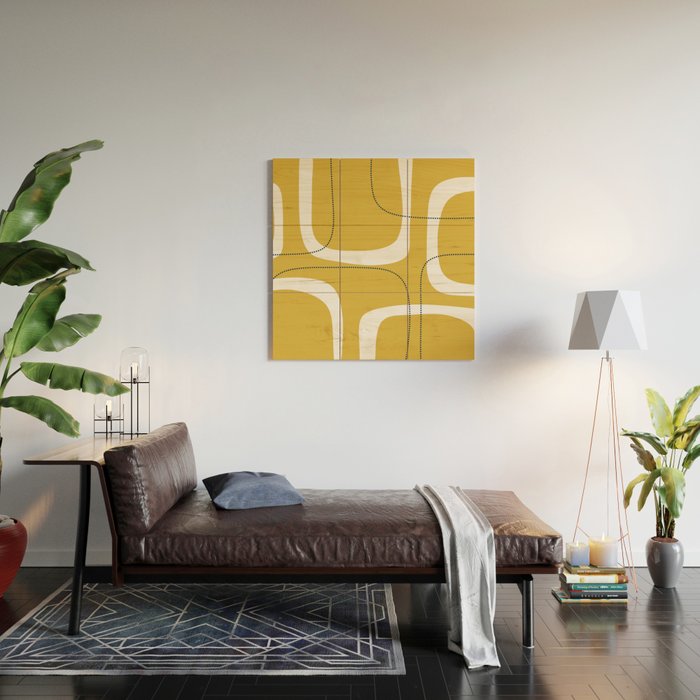 Retro Loops and Dots Midcentury Modern Pattern in Light Mustard, White, and Navy Blue Wood Wall Art Gallery Image 2