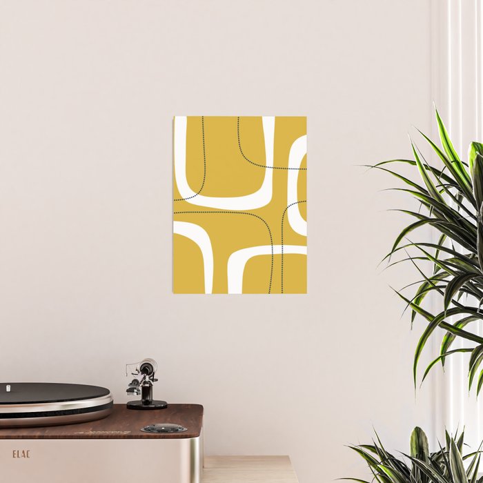 Retro Loops and Dots Midcentury Modern Pattern in Light Mustard, White, and Navy Blue Poster Gallery Image 2