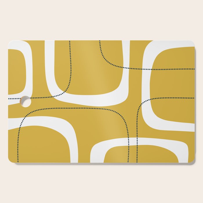 Retro Loops and Dots Midcentury Modern Pattern in Light Mustard, White, and Navy Blue Cutting Board Gallery Image 1