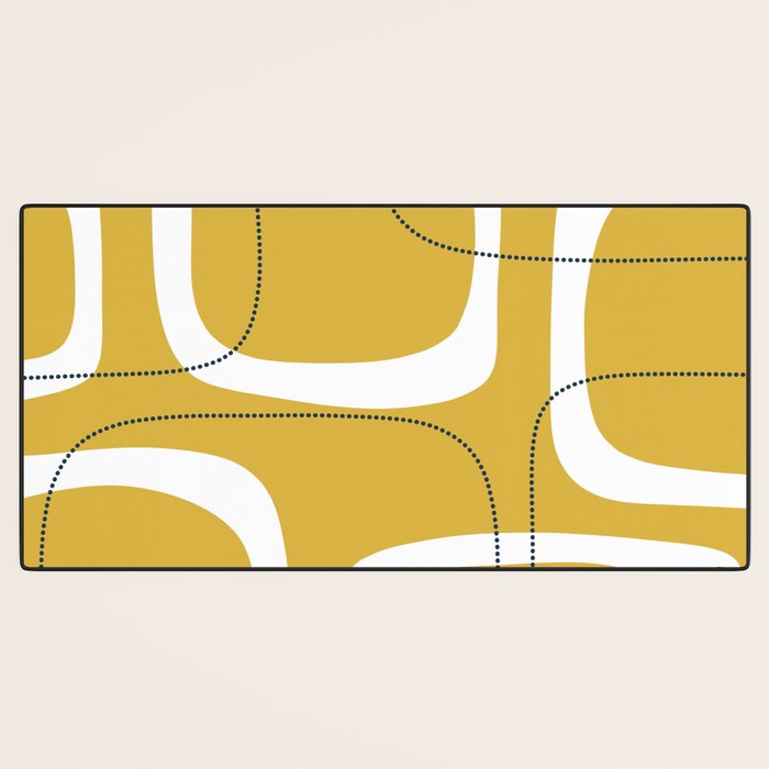 Retro Loops and Dots Midcentury Modern Pattern in Light Mustard, White, and Navy Blue Desk Mat Gallery Image 3