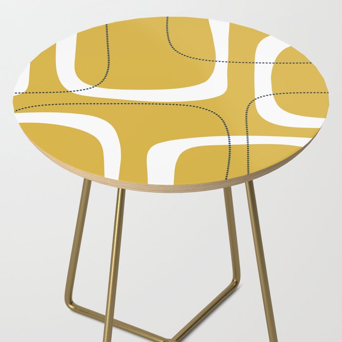 Retro Loops and Dots Midcentury Modern Pattern in Light Mustard, White, and Navy Blue Side Table Gallery Image 2