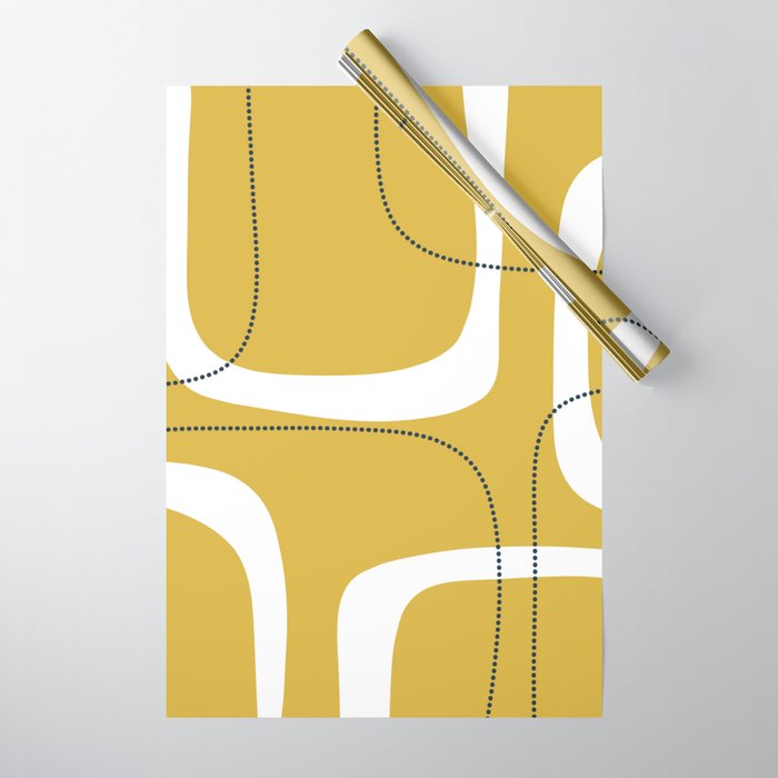 Retro Loops and Dots Midcentury Modern Pattern in Light Mustard, White, and Navy Blue Wrapping Paper Gallery Image 1