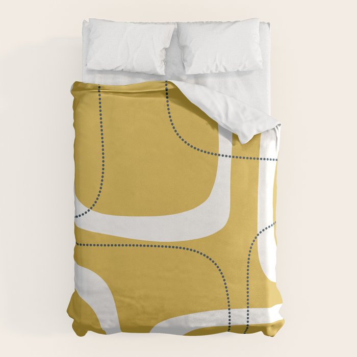 Retro Loops and Dots Midcentury Modern Pattern in Light Mustard, White, and Navy Blue Duvet Cover Gallery Image 1