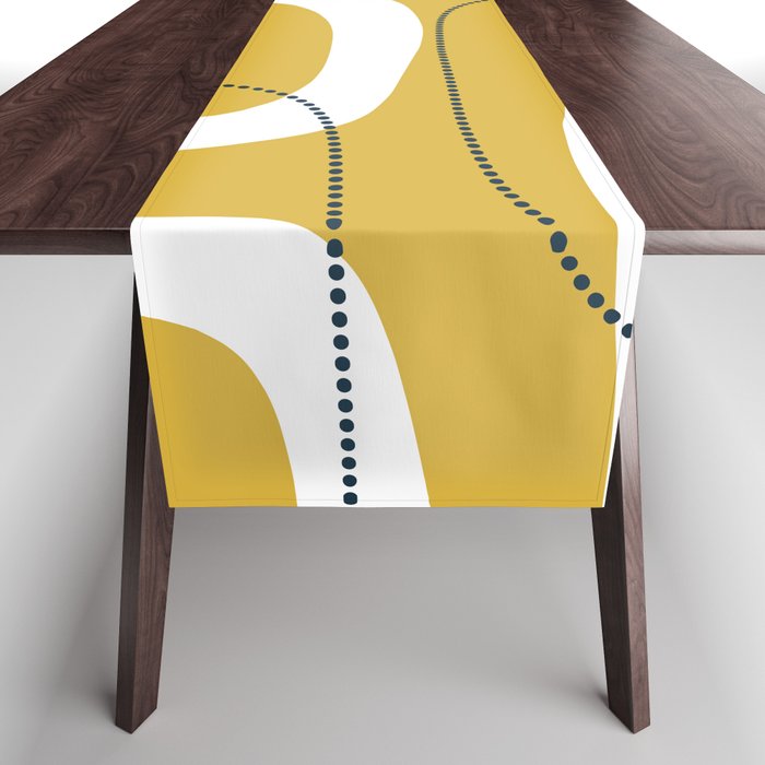 Retro Loops and Dots Midcentury Modern Pattern in Light Mustard, White, and Navy Blue Table Runner Gallery Image 1