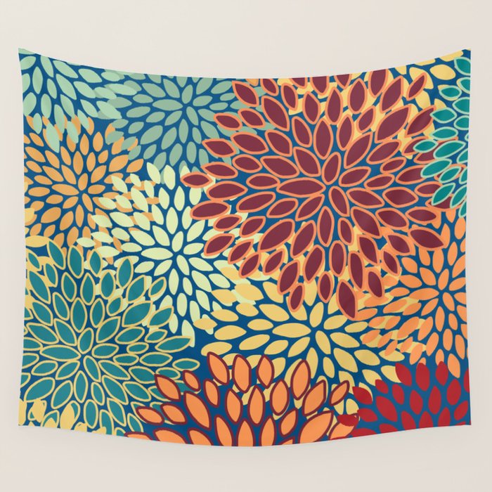 Festive Floral Prints, Red, Teal, Yellow, Orange, Colourful Prints Wall Tapestry Gallery Image 4