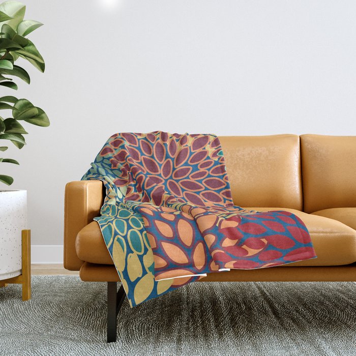 Festive Floral Prints, Red, Teal, Yellow, Orange, Colourful Prints Throw Blanket Gallery Image 1