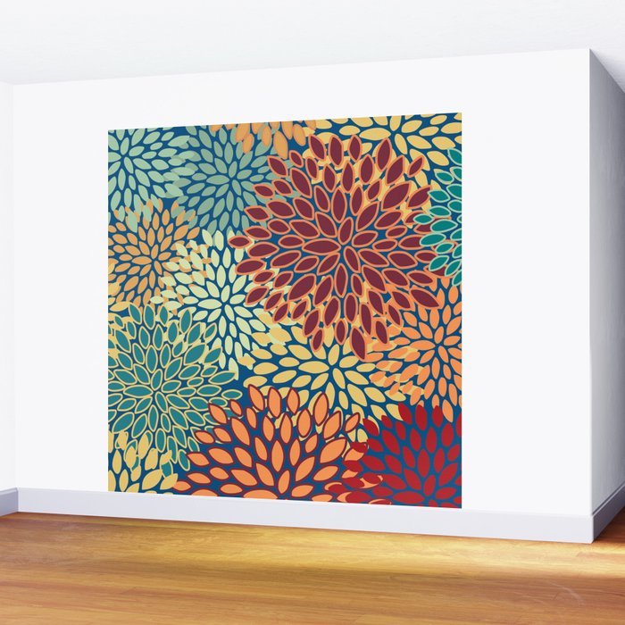 Festive Floral Prints, Red, Teal, Yellow, Orange, Colourful Prints Wall Mural Gallery Image 2