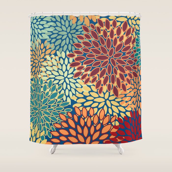 Festive Floral Prints, Red, Teal, Yellow, Orange, Colourful Prints Shower Curtain Gallery Image 1