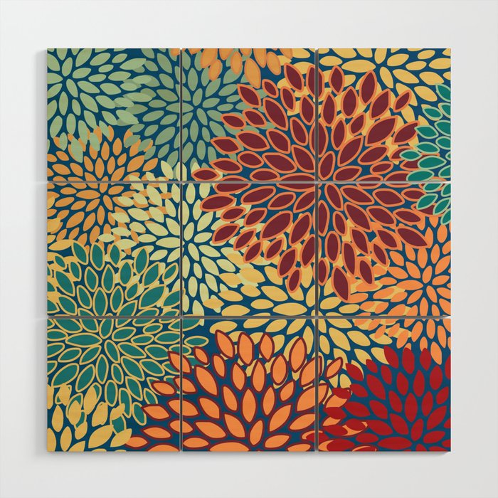 Festive Floral Prints, Red, Teal, Yellow, Orange, Colourful Prints Wood Wall Art Gallery Image 1
