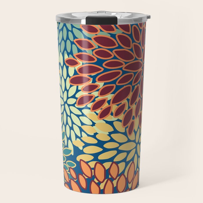 Festive Floral Prints, Red, Teal, Yellow, Orange, Colourful Prints Travel Mug Gallery Image 1