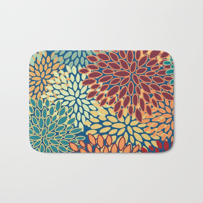 Festive Floral Prints, Red, Teal, Yellow, Orange, Colourful Prints Bath Mat Gallery Image 1