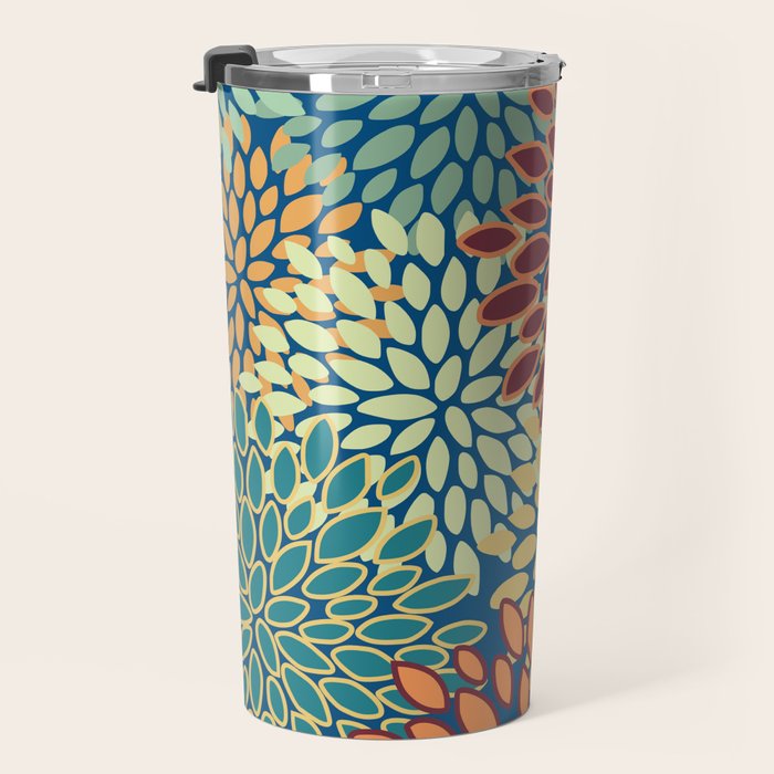 Festive Floral Prints, Red, Teal, Yellow, Orange, Colourful Prints Travel Mug Gallery Image 3