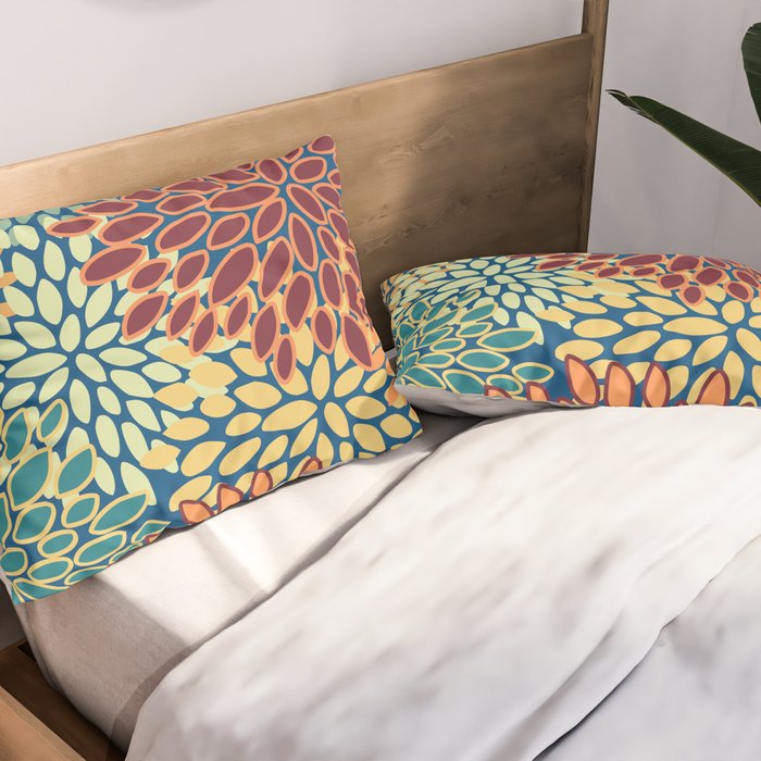 Festive Floral Prints, Red, Teal, Yellow, Orange, Colourful Prints Pillow Sham Gallery Image 2