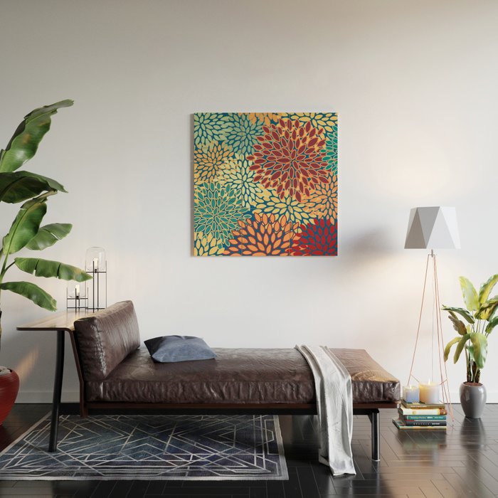 Festive Floral Prints, Red, Teal, Yellow, Orange, Colourful Prints Wood Wall Art Gallery Image 2