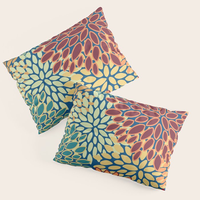 Festive Floral Prints, Red, Teal, Yellow, Orange, Colourful Prints Pillow Sham Gallery Image 3