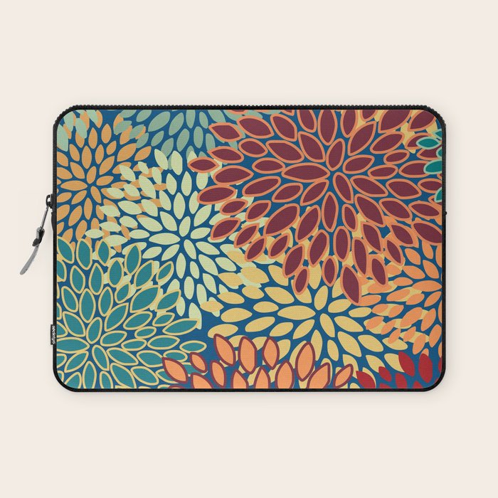 Festive Floral Prints, Red, Teal, Yellow, Orange, Colourful Prints Laptop Sleeve Gallery Image 1