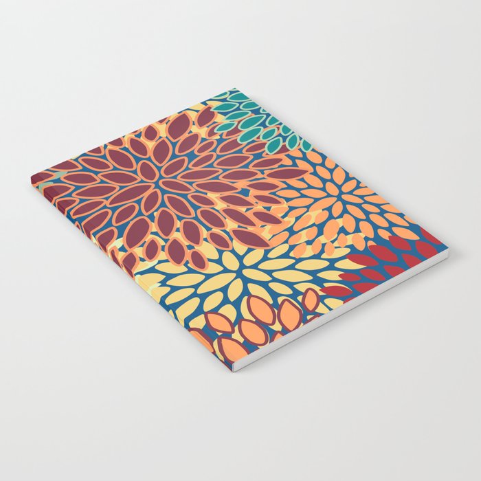 Festive Floral Prints, Red, Teal, Yellow, Orange, Colourful Prints Notebook Gallery Image 2