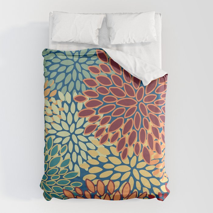 Festive Floral Prints, Red, Teal, Yellow, Orange, Colourful Prints Duvet Cover Gallery Image 1