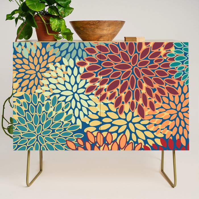 Festive Floral Prints, Red, Teal, Yellow, Orange, Colourful Prints Credenza Gallery Image 1