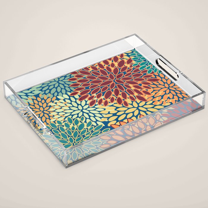 Festive Floral Prints, Red, Teal, Yellow, Orange, Colourful Prints Acrylic Tray Gallery Image 1