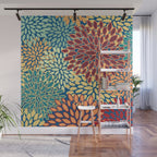 Festive Floral Prints, Red, Teal, Yellow, Orange, Colourful Prints Wall Mural Gallery Image 1