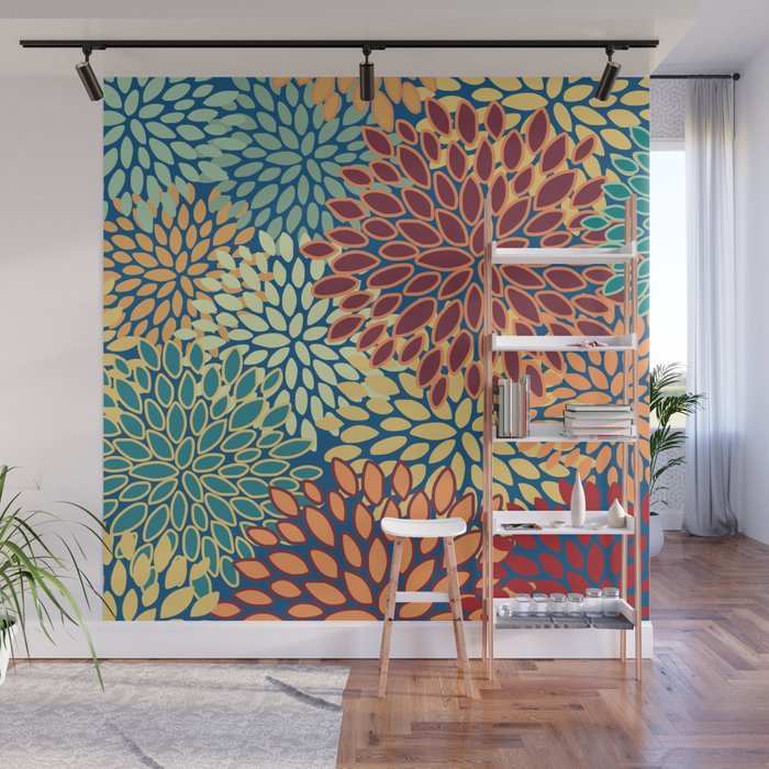 Festive Floral Prints, Red, Teal, Yellow, Orange, Colourful Prints Wall Mural Gallery Image 1