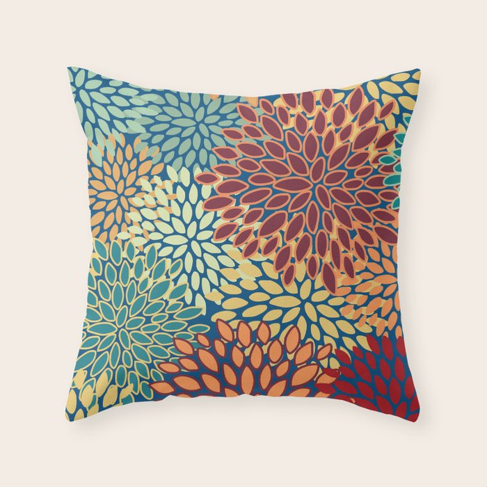 Festive Floral Prints, Red, Teal, Yellow, Orange, Colourful Prints Throw Pillow Gallery Image 6
