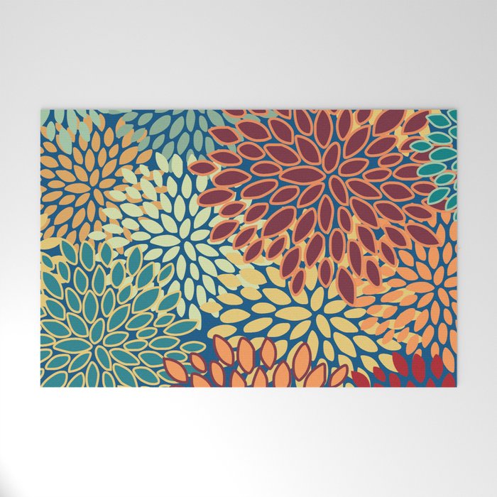 Festive Floral Prints, Red, Teal, Yellow, Orange, Colourful Prints Welcome Mat Gallery Image 1