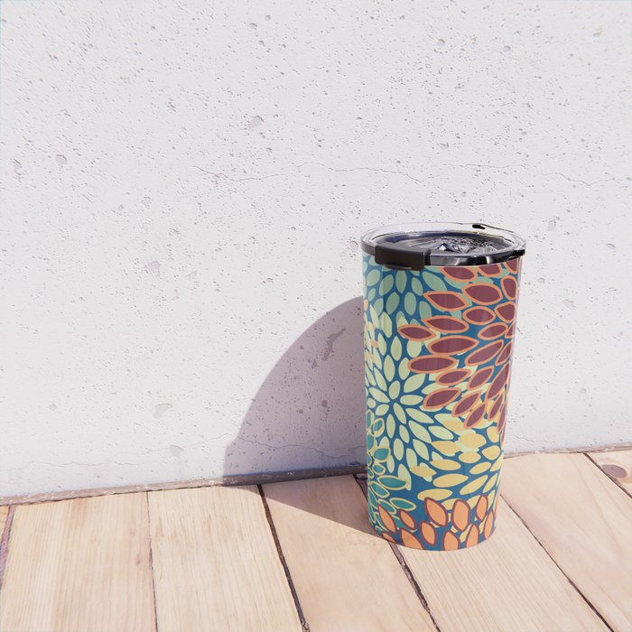 Festive Floral Prints, Red, Teal, Yellow, Orange, Colourful Prints Travel Mug Gallery Image 4
