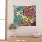 Festive Floral Prints, Red, Teal, Yellow, Orange, Colourful Prints Wall Tapestry Gallery Image 2