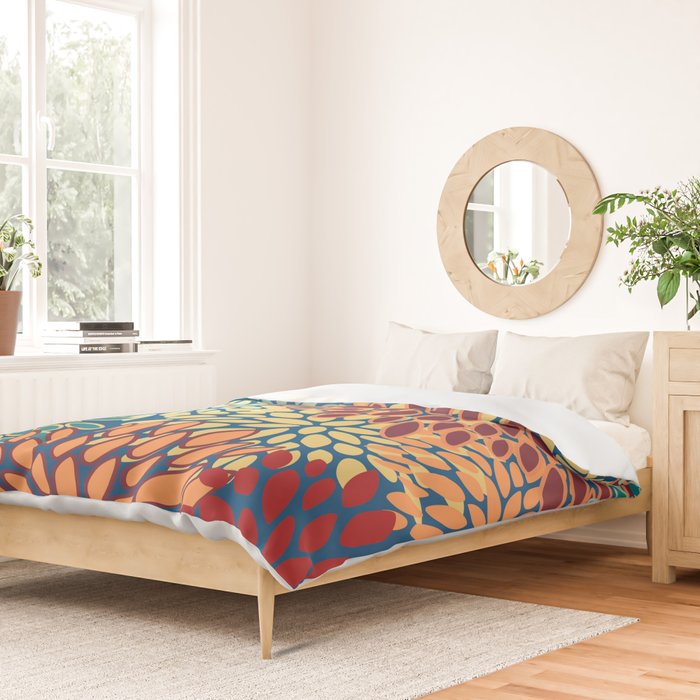 Festive Floral Prints, Red, Teal, Yellow, Orange, Colourful Prints Duvet Cover Gallery Image 2