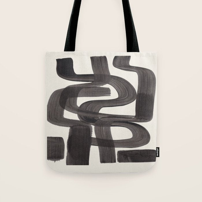Black Ink Paint Brush Strokes Wiggles Mid Century Modern Tote Bag Gallery Image 1