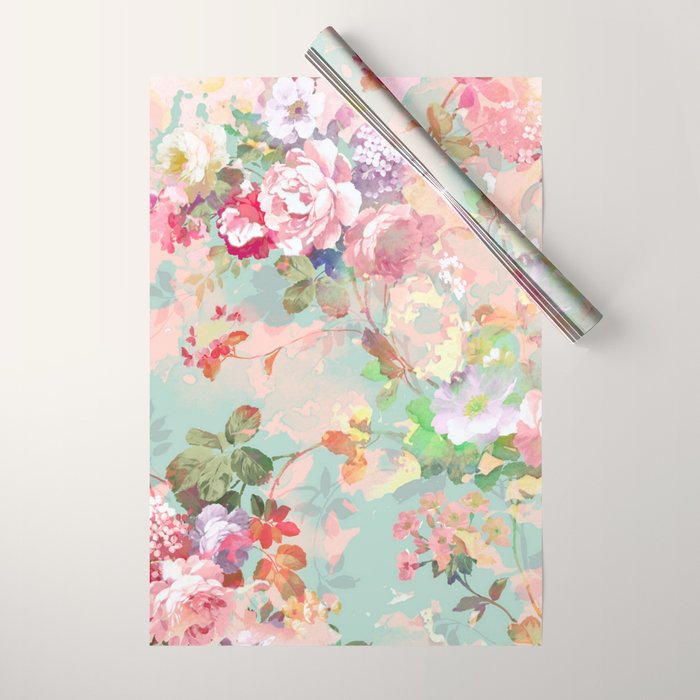 Botanical neo mint pink abstract watercolor floral pattern Wrapping Paper Gallery Image 1