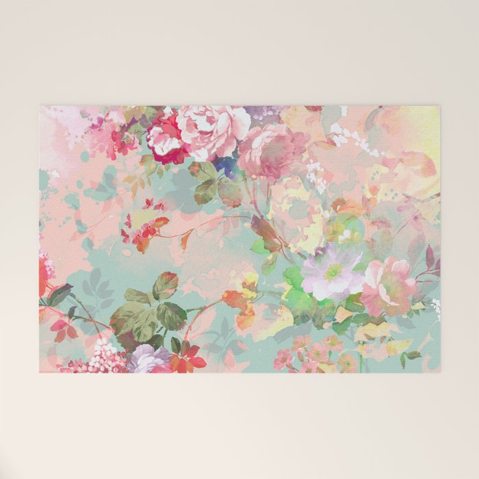 Botanical neo mint pink abstract watercolor floral pattern Welcome Mat Gallery Image 1
