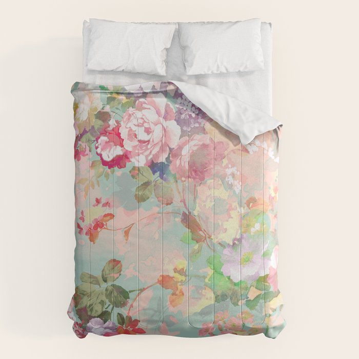 Botanical neo mint pink abstract watercolor floral pattern Comforter Gallery Image 1