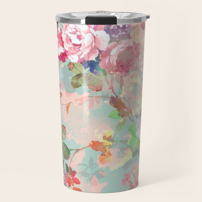 Botanical neo mint pink abstract watercolor floral pattern Travel Mug Gallery Image 1
